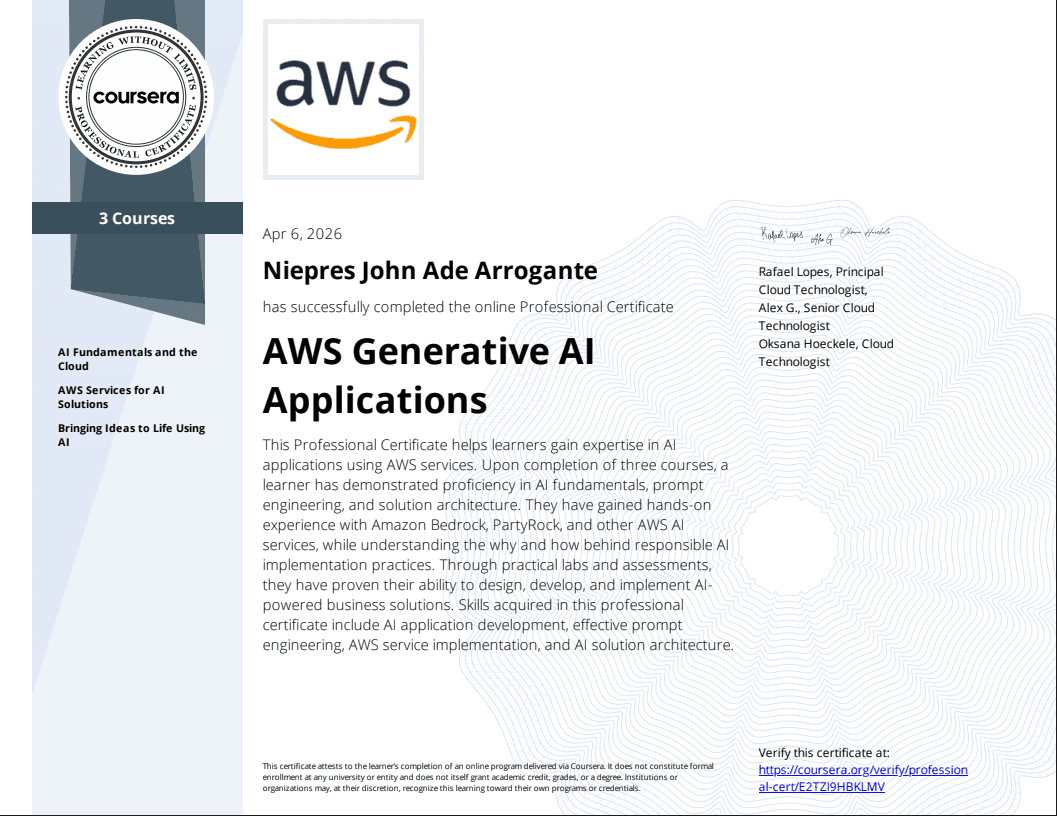 Niepres John – AWS Generative AI Applications Certificate
