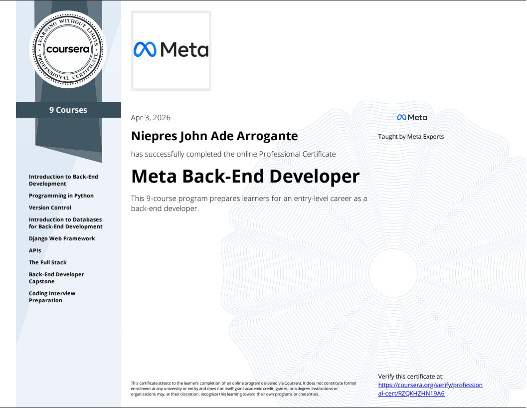 Niepres John – Meta Back-End Developer Certificate