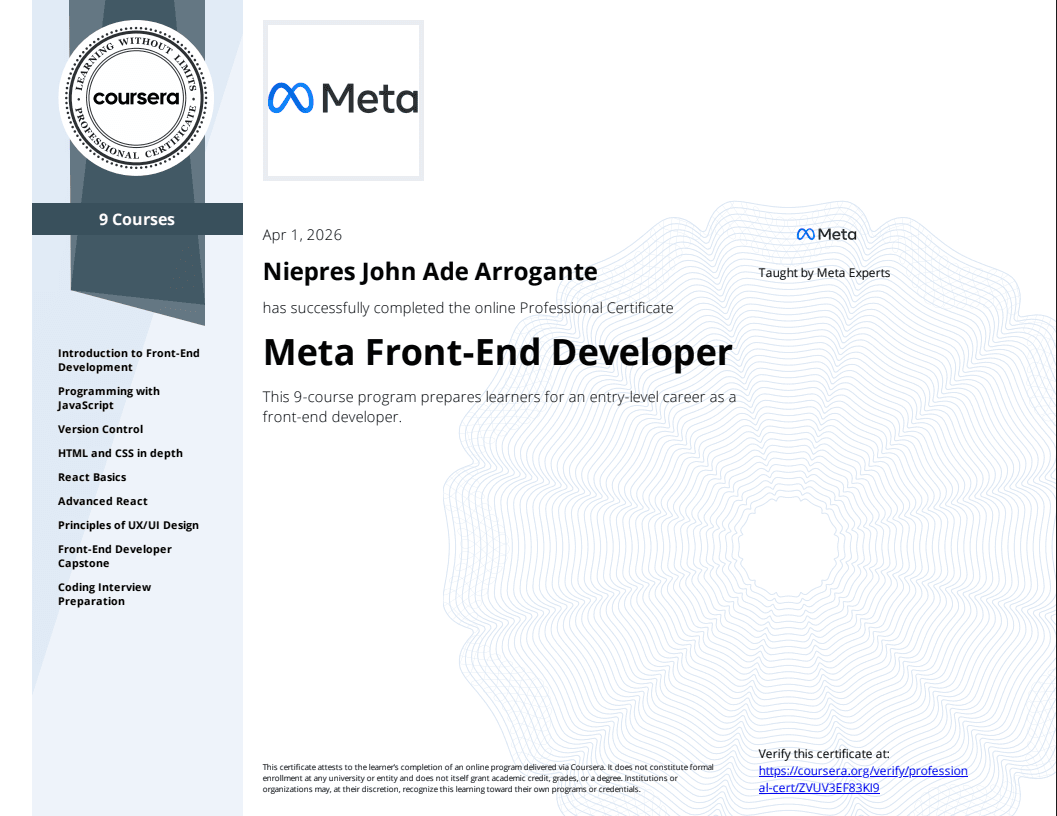 Niepres John – Meta Front-End Developer Certificate